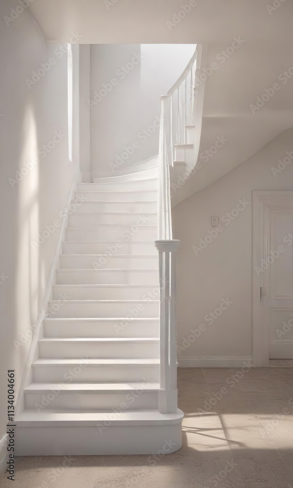 White staircase with a subtle glow from under the stairs , stairs, serene, calming White staircase with a subtle glow from under the stairs , stairs, serene, calming