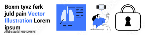 Lung diagram alongside a person undergoing an X-ray scan, large padlock icon. Ideal for medical research, diagnostics, data security, healthcare, patient care, technology protection. Landing page