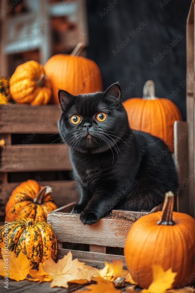 Black cat sitting in wooden crate with pumpkins and autumn leaves. Black cat sitting in wooden crate with pumpkins and autumn leaves.