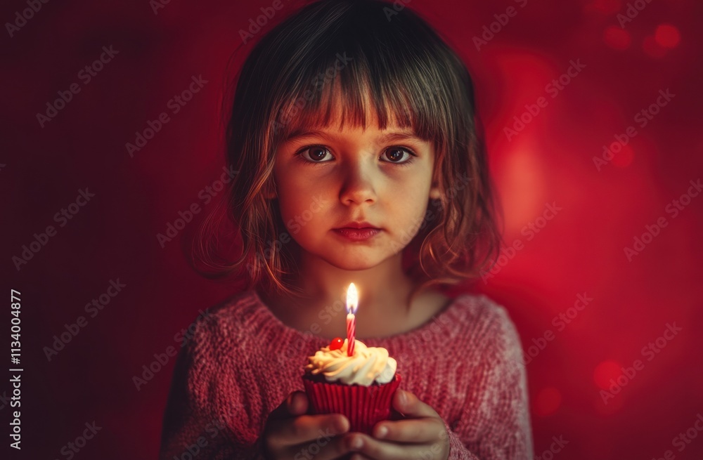 A young girl holds a cupcake with a lit candle. A young girl holds a cupcake with a lit candle.