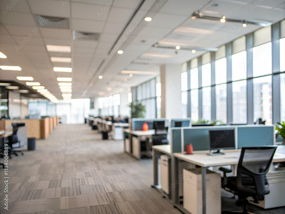 A large open office space with cubicles and desks A large open office space with cubicles and desks