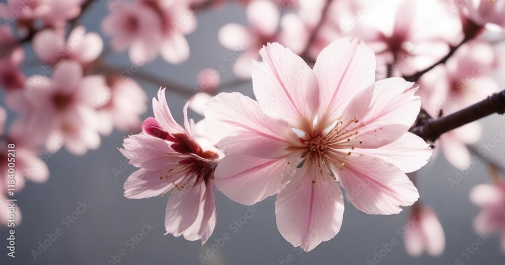 Obraz premium A single cherry blossom petal unfurls its pink and white layers in the morning light, floral, elegance, bloom