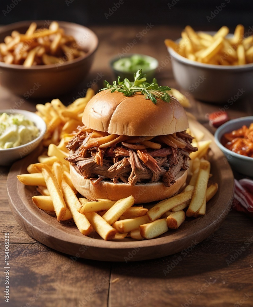 A delectable BBQ pulled pork sandwich placed on top of a bed of fresh cut fries in a shallow bowl, fries, sandwich, lunch A delectable BBQ pulled pork sandwich placed on top of a bed of fresh cut fries in a shallow bowl, fries, sandwich, lunch