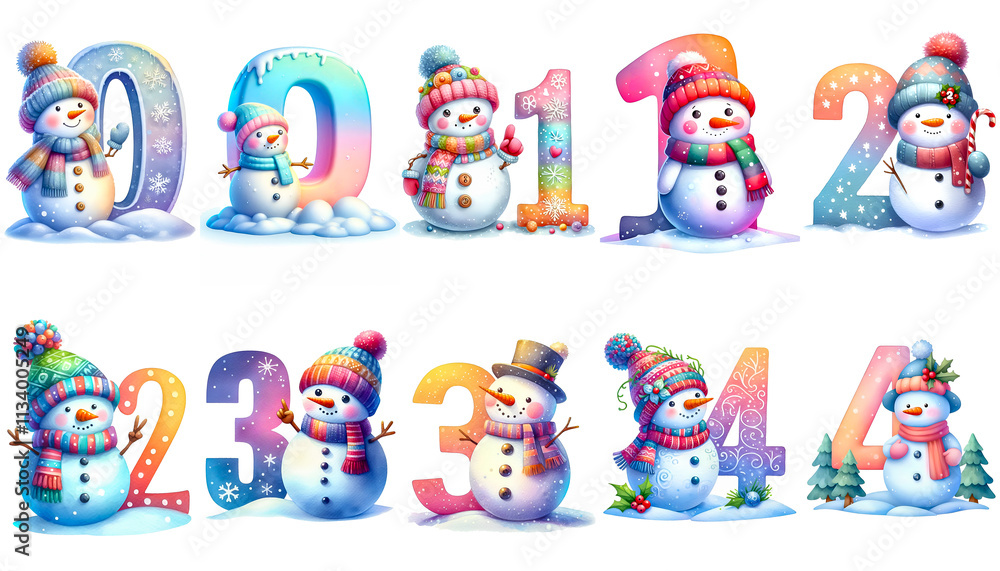 Clipart set of cute watercolor pastel Snowman numbers 0, 1, 2, 3, 4 isolated on a white background. Holiday clipart numbers background Clipart set of cute watercolor pastel Snowman numbers 0, 1, 2, 3, 4 isolated on a white background. Holiday clipart numbers background