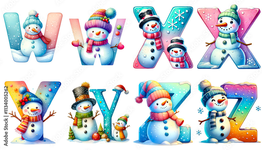 Clipart set of cute watercolor pastel Snowman letters w, x, y, z isolated on a white background. Holiday clipart letters background Clipart set of cute watercolor pastel Snowman letters w, x, y, z isolated on a white background. Holiday clipart letters background