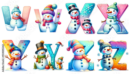 Clipart set of cute watercolor pastel Snowman letters w, x, y, z isolated on a white background. Holiday clipart letters background