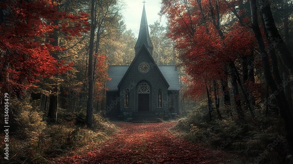 Gothic Church in Autumn Forest: A Mystical Scene Gothic Church in Autumn Forest: A Mystical Scene