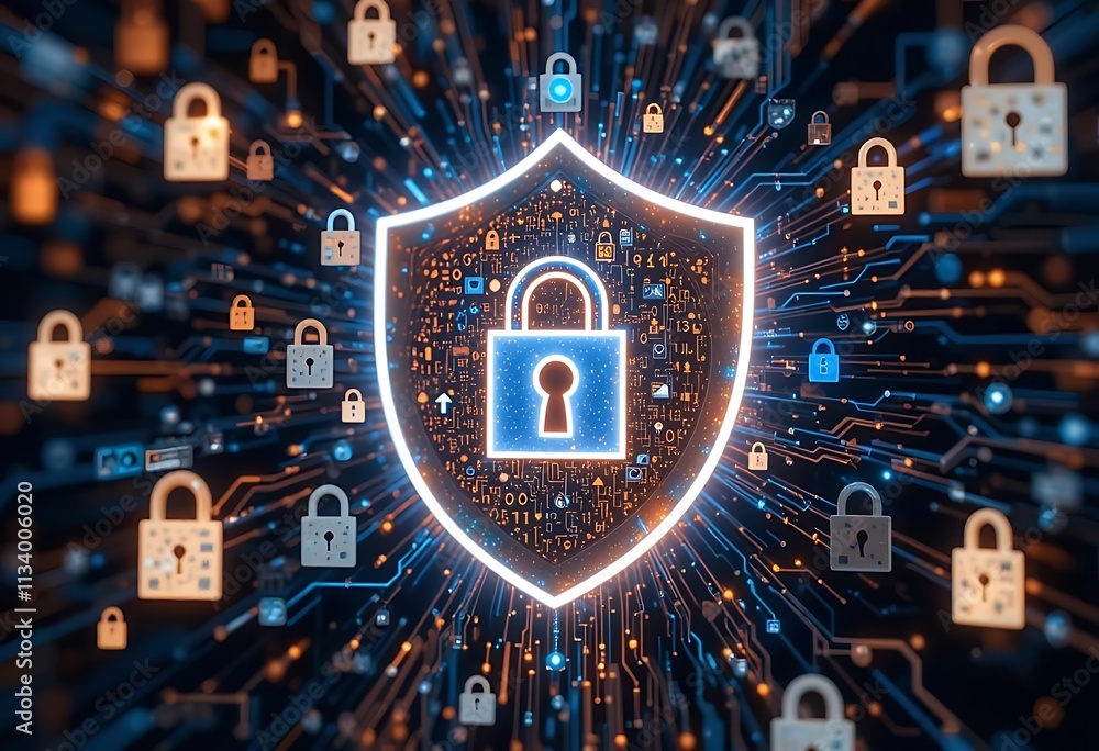 A glowing shield icon surrounded by digital locks and key A glowing shield icon surrounded by digital locks and key