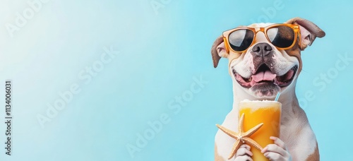 Happy dog wearing sunglasses holds summer drink.