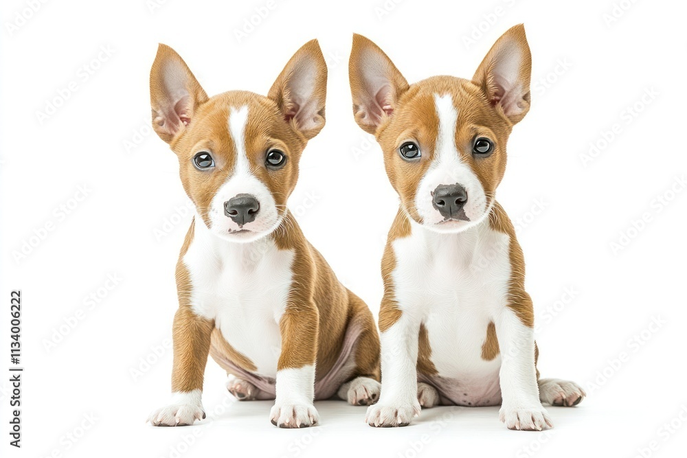 Two adorable basenji puppies sitting side-by-side against a white background. Two adorable basenji puppies sitting side-by-side against a white background.