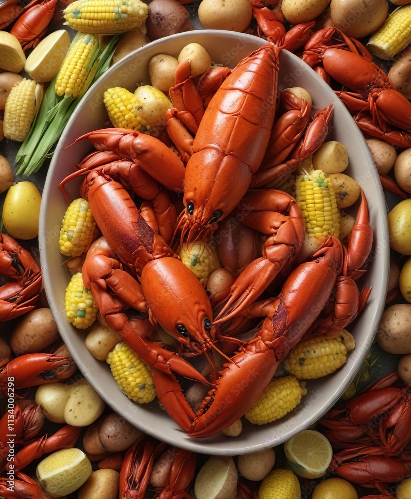 Large boiled crawfish served with corn and potatoes, corn, shellfish Large boiled crawfish served with corn and potatoes, corn, shellfish