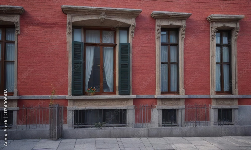 Obraz premium Tall prewar house facade with narrow window slit, tall building, urban decay