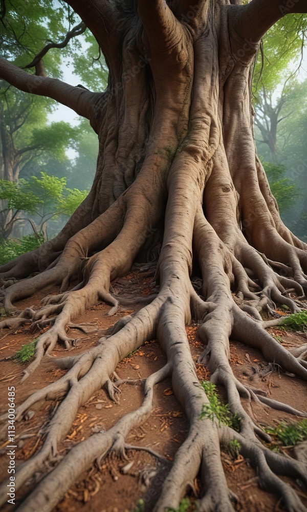 Tree roots growing out from the base of a gnarled old tree, twigs, earthy smell Tree roots growing out from the base of a gnarled old tree, twigs, earthy smell