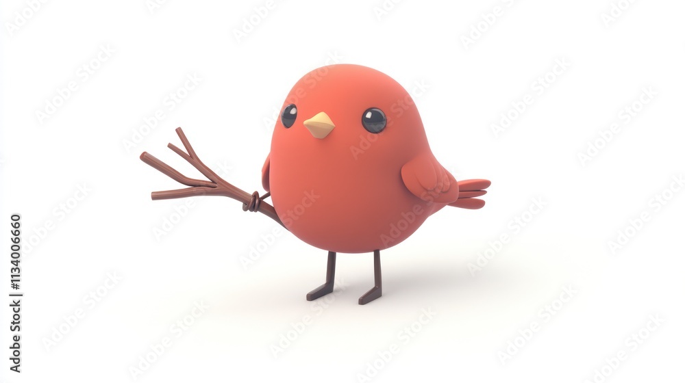 Cute red cartoon bird holding twig, 3D render. Cute red cartoon bird holding twig, 3D render.