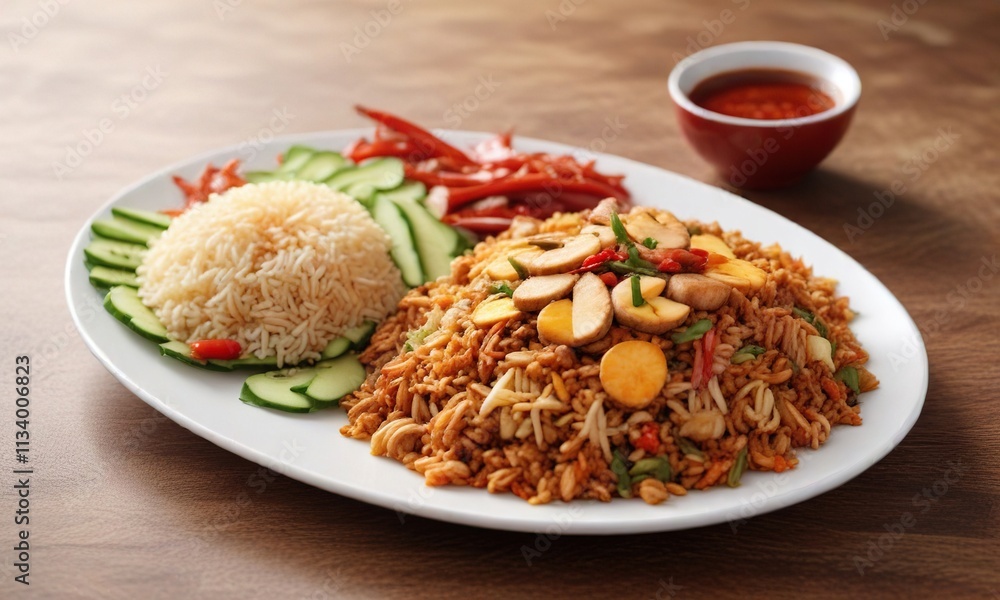 Plate of Nasi Goreng with a side of sweet chili sauce, dish, sauce, flavor Plate of Nasi Goreng with a side of sweet chili sauce, dish, sauce, flavor