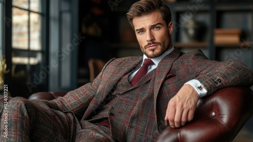 handsome man in plaid suit relaxing in leather chair