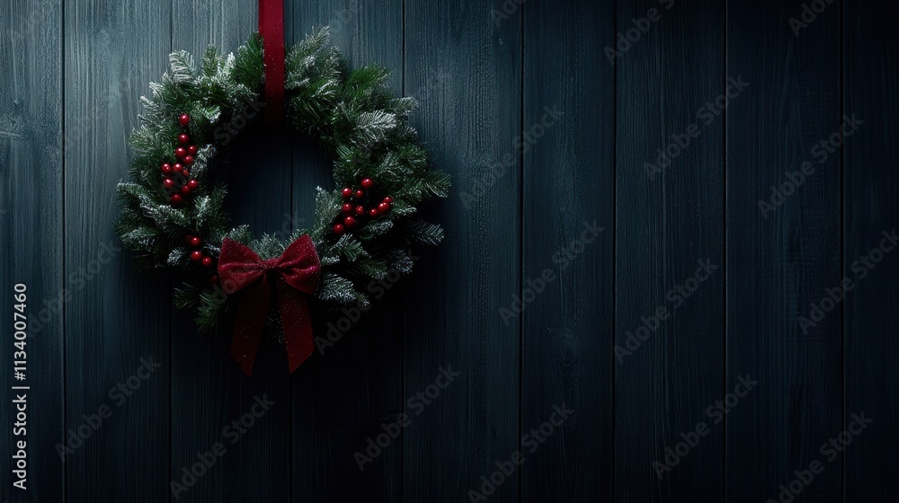 Fototapeta premium A beautifully decorated Christmas wreath with red berries and a matching bow hangs against a dark wooden background, creating an elegant festive atmosphere, Ideal for holiday-themed projects or decor