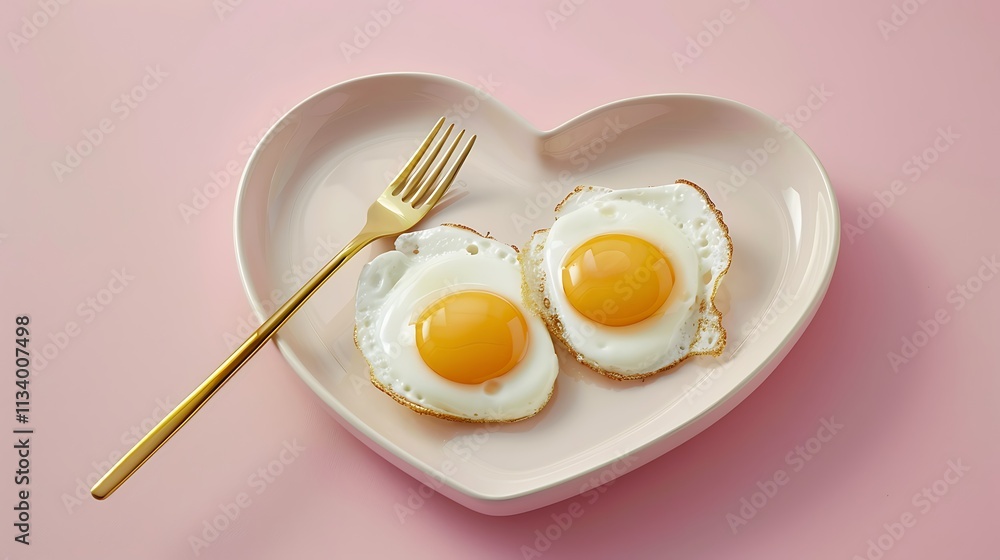 Isolated heart-shaped plate with fried eggs on a pink background, accompanied by a golden fork Isolated heart-shaped plate with fried eggs on a pink background, accompanied by a golden fork