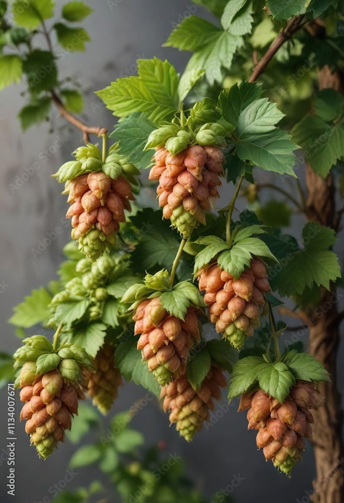 Branch with multiple ripe hop cones and some immature cones, foliage, botanical development, cone stages Branch with multiple ripe hop cones and some immature cones, foliage, botanical development, cone stages