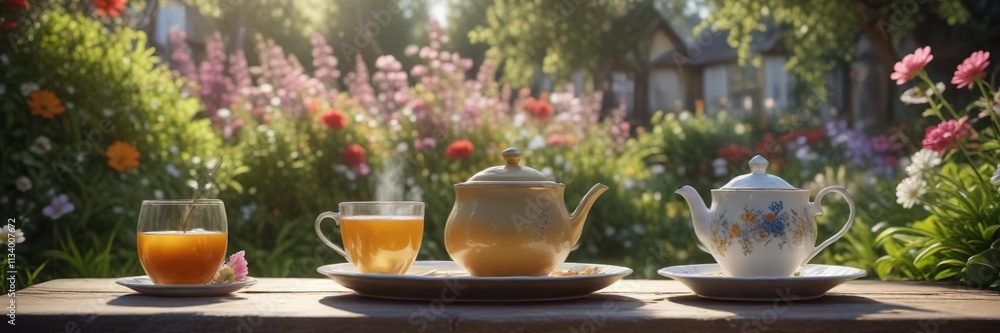 Calming garden scene with a delicate cup of tea and flowers, quiet solitude, white color Calming garden scene with a delicate cup of tea and flowers, quiet solitude, white color