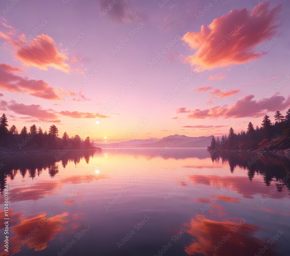 Soft pink hues fade into the sky as a serene sunset unfolds over the lake's tranquil surface , serene, scenery, calm Soft pink hues fade into the sky as a serene sunset unfolds over the lake's tranquil surface , serene, scenery, calm