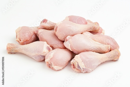 Pile of fresh, raw chicken drumsticks on white background.