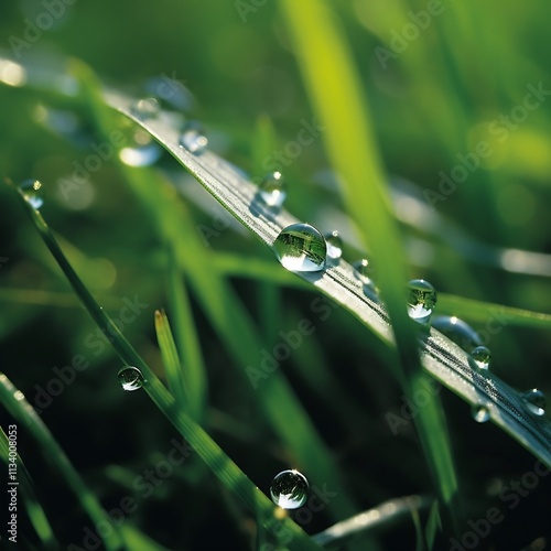 Closeup shot of a single blade of grass with sparkling morning dew droplets highlighting the intricate natural beauty and delicate texture of this micro level botanical element photo