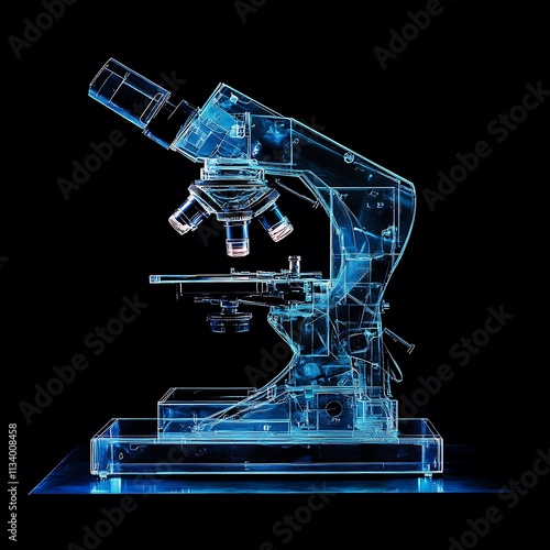 A microscope in a laboratory, set against a black background with dark blue lighting.