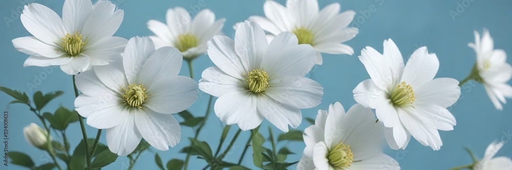 White flowers on a light blue background with subtle texture, calming atmosphere, white White flowers on a light blue background with subtle texture, calming atmosphere, white