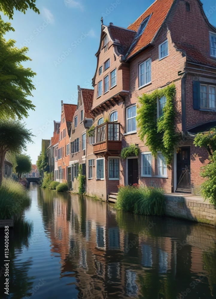 Fototapeta premium Traditional Dutch canal house with overhanging wooden beams and a clear blue summer sky above the water, sunny day, cozy atmosphere