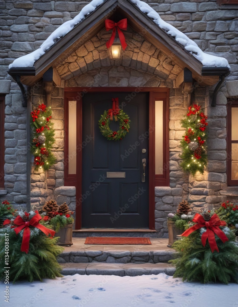 An inviting winter scene of a snow-covered stone house with an elegant Christmas wreath on its doorstep decorated with pinecones and red ribbons, pinecones, snowy stone house, rustic door An inviting winter scene of a snow-covered stone house with an elegant Christmas wreath on its doorstep decorated with pinecones and red ribbons, pinecones, snowy stone house, rustic door
