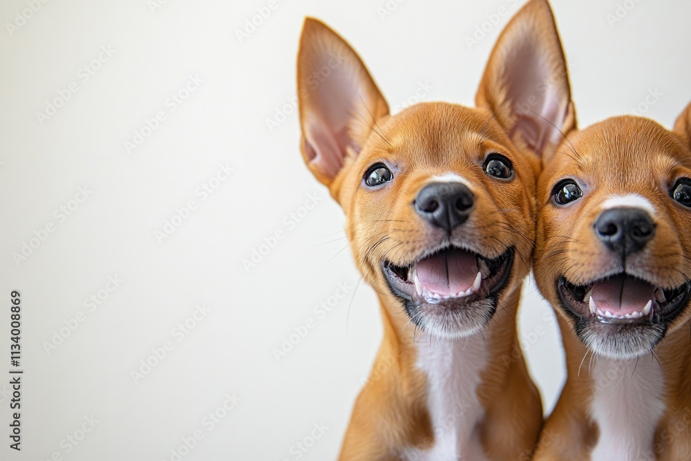Two adorable basenji puppies smiling, close-up. Two adorable basenji puppies smiling, close-up.