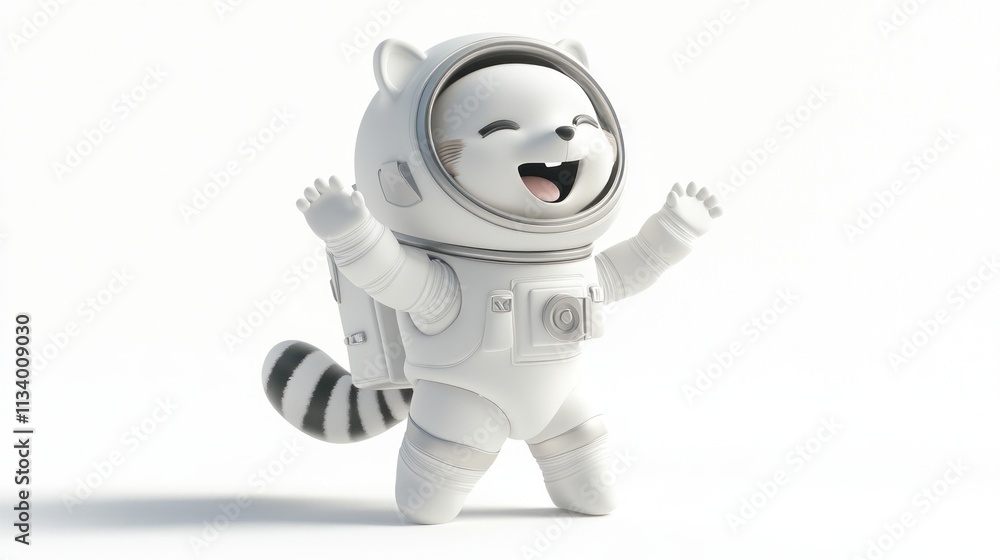 Joyful raccoon astronaut character in a spacesuit with arms raised. Joyful raccoon astronaut character in a spacesuit with arms raised.