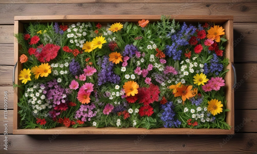 A wooden tray filled with a colorful mix of wildflowers and greenery, garden fresh, floral accents A wooden tray filled with a colorful mix of wildflowers and greenery, garden fresh, floral accents