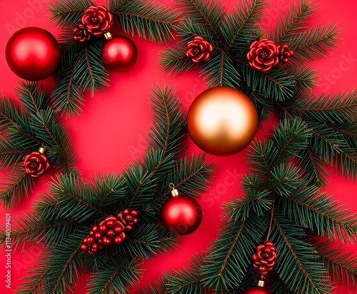 a close up of a wreath of christmas ornaments on a red background. photo