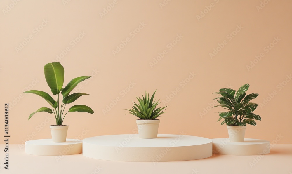Three potted plants on minimalist beige platforms against a peach background. Three potted plants on minimalist beige platforms against a peach background.