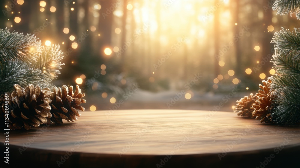 A serene winter scene features a wooden surface adorned with pinecones and evergreen branches, surrounded by soft bokeh lights, Ideal for holiday themes, seasonal presentations A serene winter scene features a wooden surface adorned with pinecones and evergreen branches, surrounded by soft bokeh lights, Ideal for holiday themes, seasonal presentations