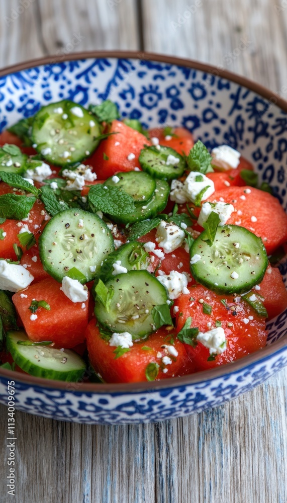 A vibrant salad featuring watermelon, cucumber, herbs, and feta cheese in a decorative bowl. A vibrant salad featuring watermelon, cucumber, herbs, and feta cheese in a decorative bowl.