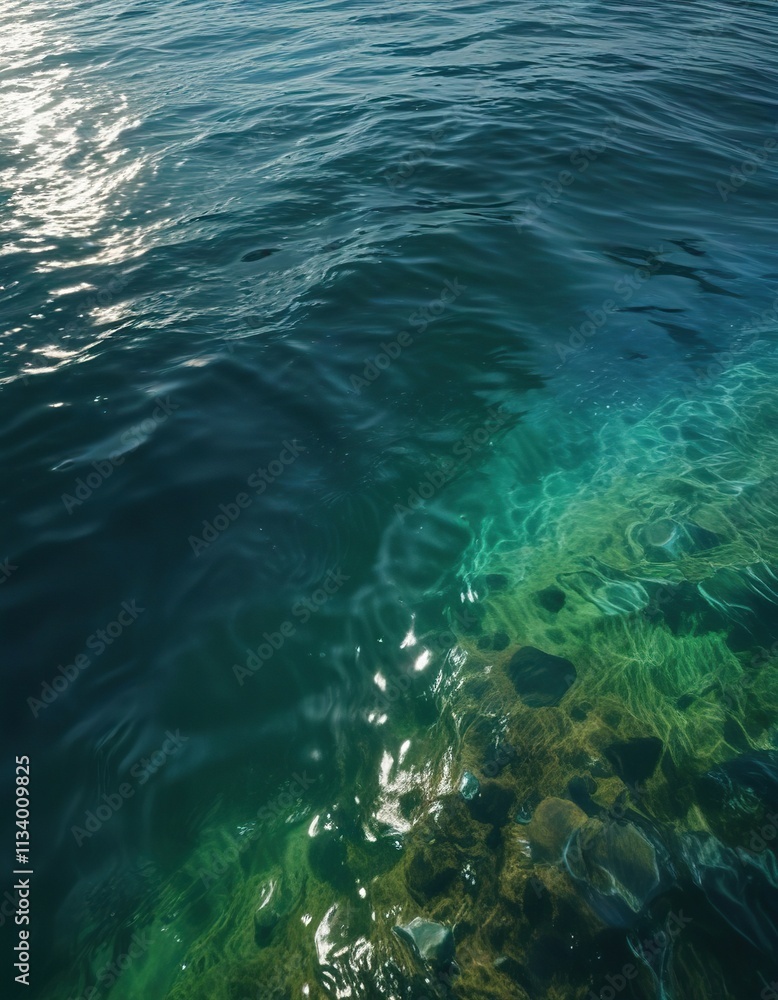 Obraz premium Water surface with shimmering colors of blue and green, sunbeams, reflection, iridescent
