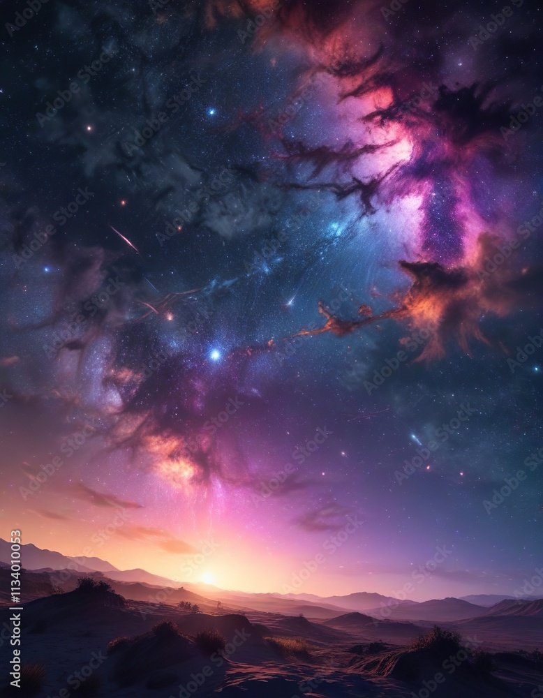 Abstract starry summer sky with vibrant colors , landscape, panoramic Abstract starry summer sky with vibrant colors , landscape, panoramic