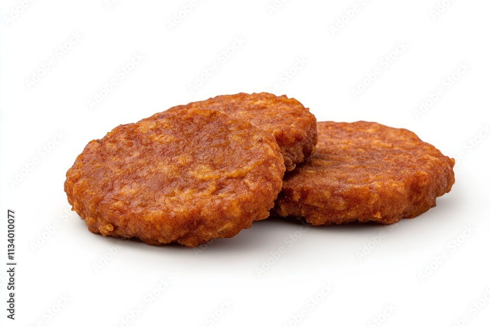 Two delicious, golden-brown burger patties isolated on a white background. Two delicious, golden-brown burger patties isolated on a white background.