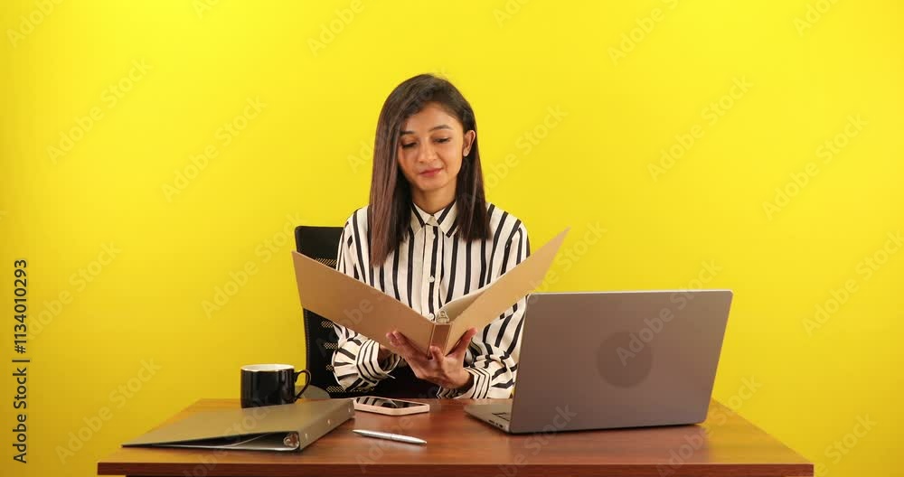 Happy young woman sitting at desk with laptop holding folder reviewing documents isolated over yellow background. Happy young woman sitting at desk with laptop holding folder reviewing documents isolated over yellow background.