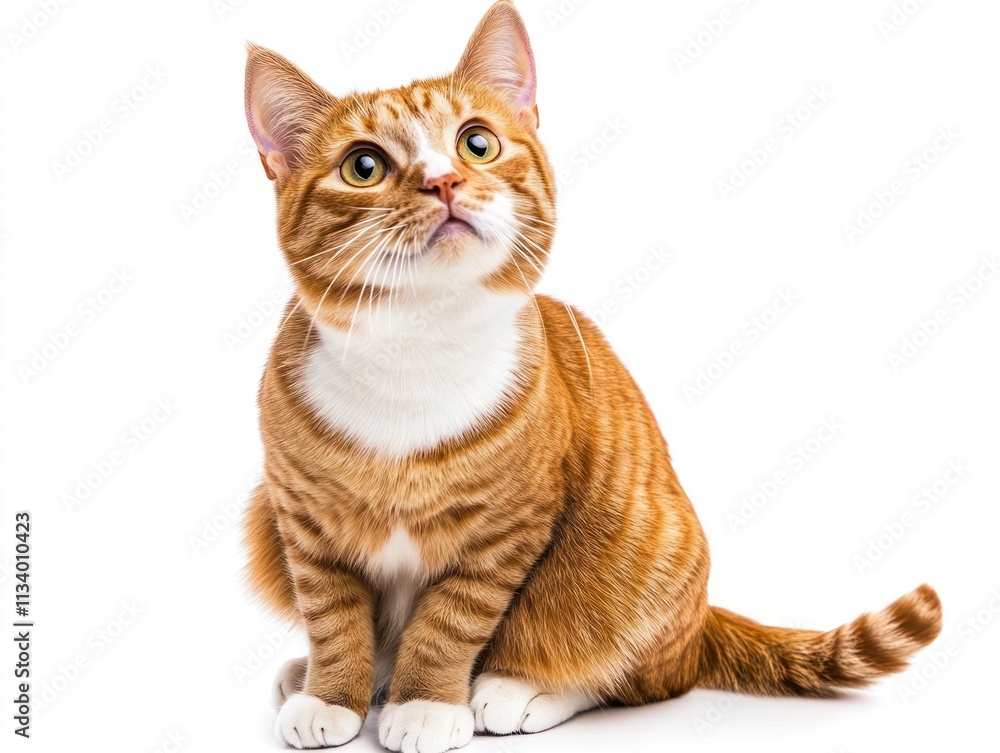 Orange tabby cat sitting, looking up, isolated on white background. Orange tabby cat sitting, looking up, isolated on white background.