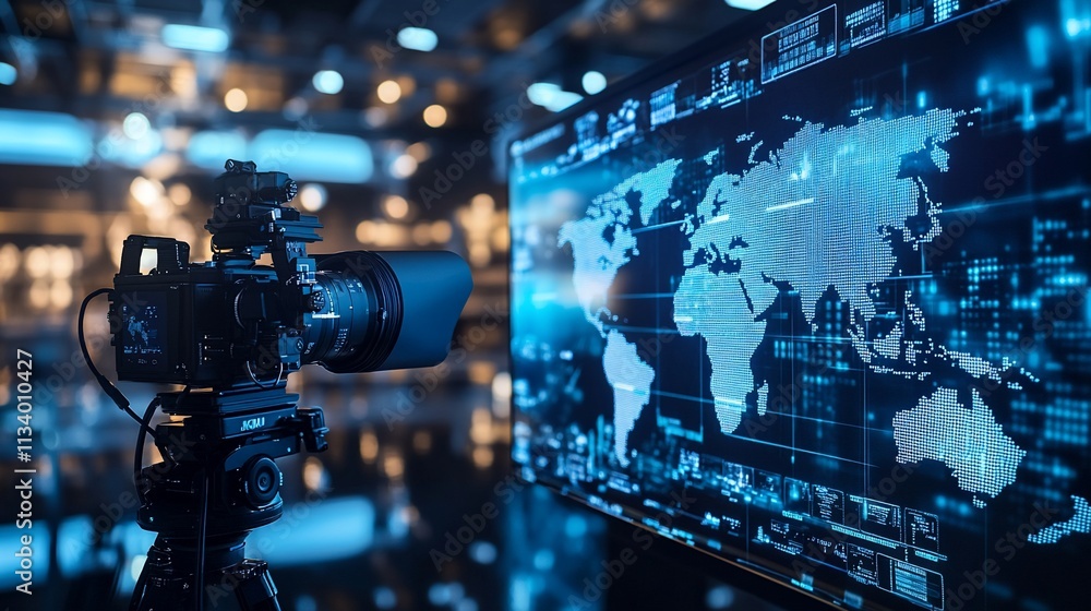Camera focused on a digital world map in a high-tech studio setting. Camera focused on a digital world map in a high-tech studio setting.