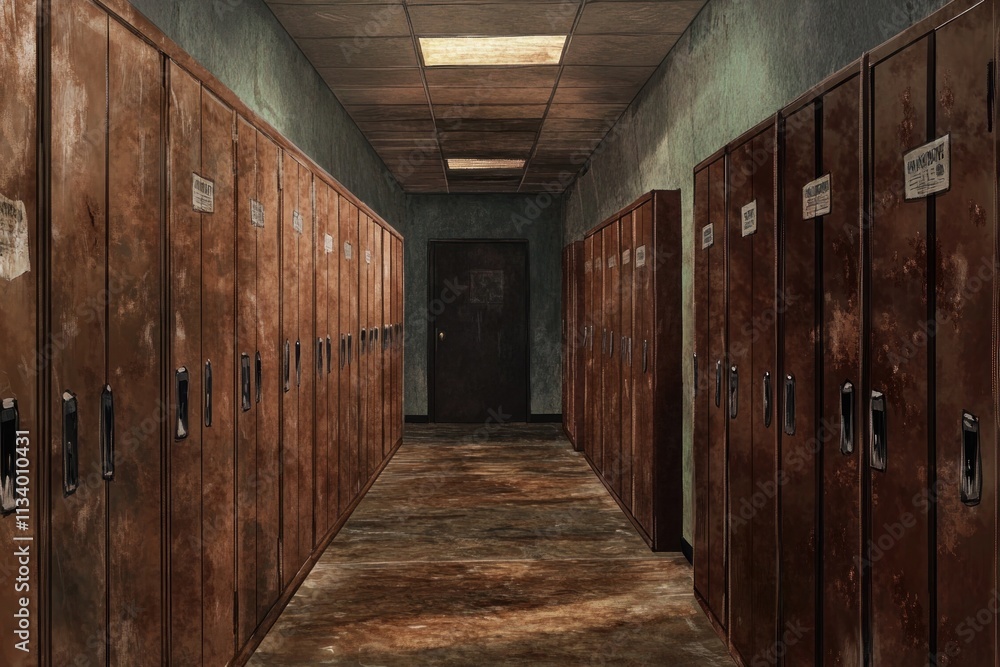 Dirty, rusty lockers line a long, dimly lit corridor. Dirty, rusty lockers line a long, dimly lit corridor.