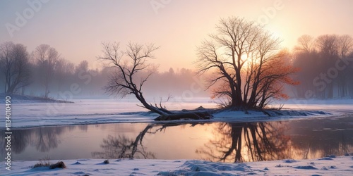 Bare tree in frosty morning light at the edge of frozen lake, frozen lake, morning light, tree against ice