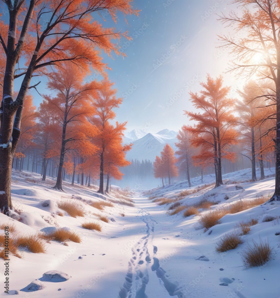Softly falling snowflakes on a pristine winter landscape, , icy landscape Softly falling snowflakes on a pristine winter landscape, , icy landscape
