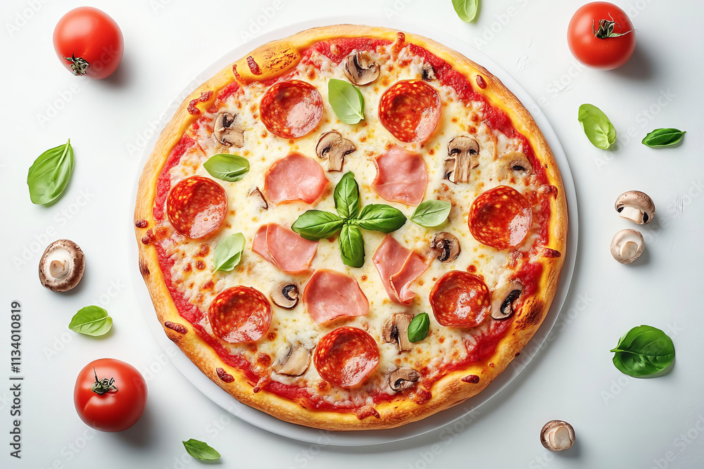 Delicious pizza with pepperoni, mushrooms and vegetables. Traditional universal food. Delicious pizza with pepperoni, mushrooms and vegetables. Traditional universal food.