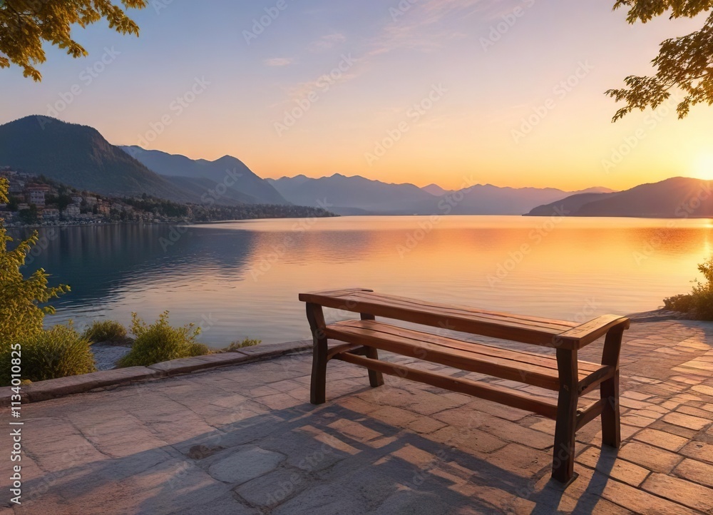 Wooden benches with a view of Lake Maggiore at sunset , lake maggiore, natural beauty Wooden benches with a view of Lake Maggiore at sunset , lake maggiore, natural beauty