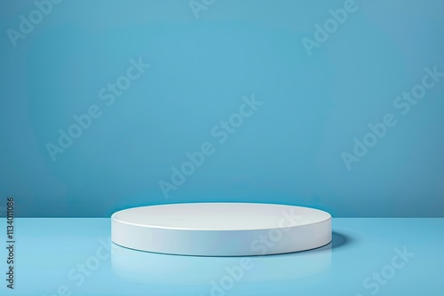 Round White Color Podium for Product Showcase on Blue Background and White Table Top